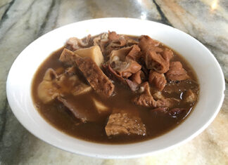 Luzhu Huoshao – Beijing, China A bowl of luzhu huoshao, or stewed bread and offal, in Beijing, China