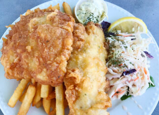 Fish and chips in Nova Scotia Fried fish and chips and cole slaw from Shaw's Landing in Nova Scotia.