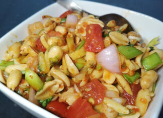 Sadheko – Kathmandu, Nepal | Eat Your World Badam sadheko, a spicy, cold peanut salad in Nepal, from a cafe in Kathmandu.