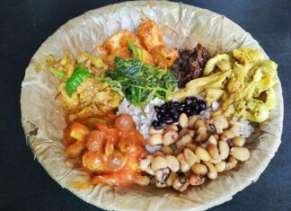 Samay baji – Kathmandu, Nepal A dish of Nepali samay baji, a mix of beaten rice, meat, pickle, greens, and more, from Kathmandu.