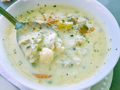 Black pepper-flecked seafood chowder from a South Shore restaurant in Nova Scotia